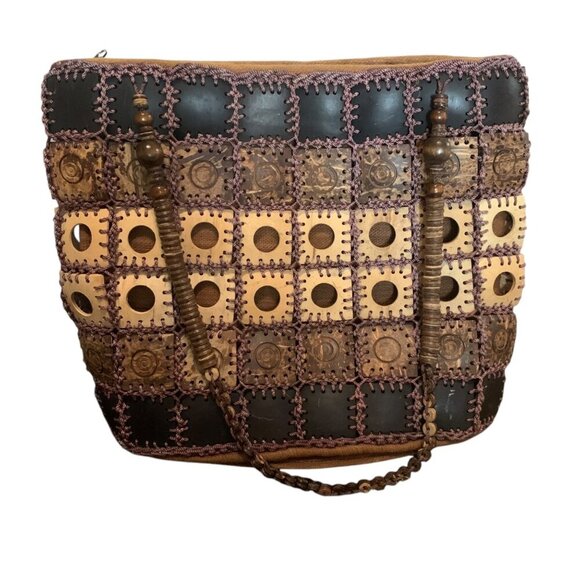 Handcrafted Boho Patchwork Shoulder Bag Beaded Straps & Unique Coconut Shells - Picture 1 of 9